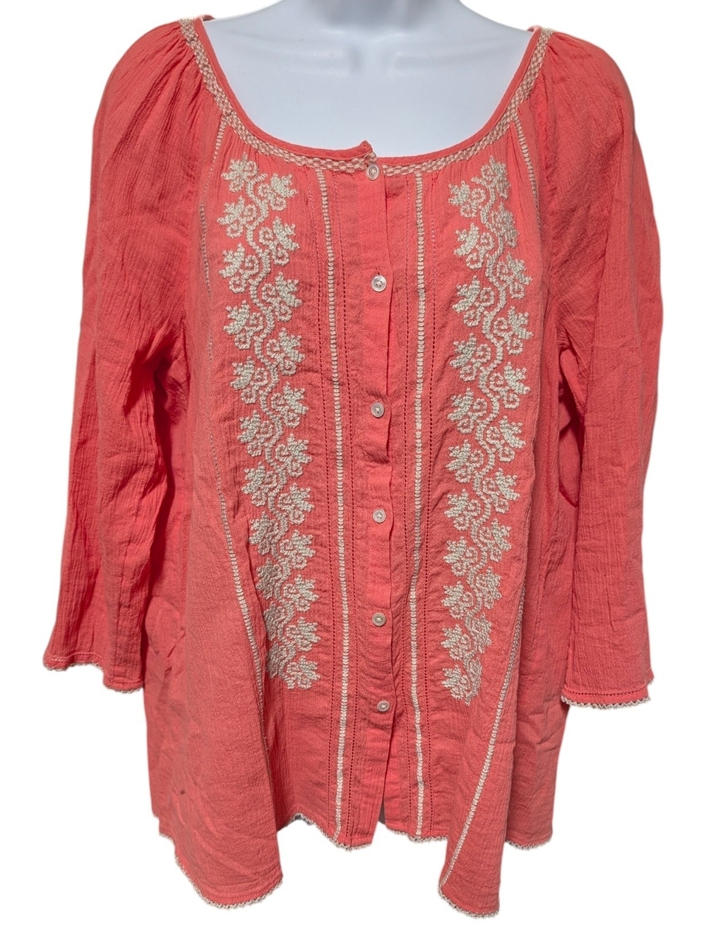J. Jill Coral Button-Front Embroidered Peasant Blouse Medium